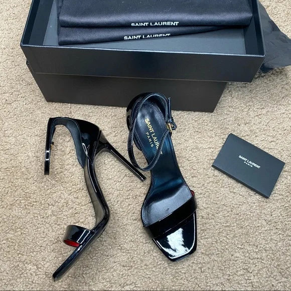 SAINT LAURENT BLACK PATENT VERNICE CHIFFON LEATHER HIGH HEEL SIZE 37 /7 - Picture 15 of 16